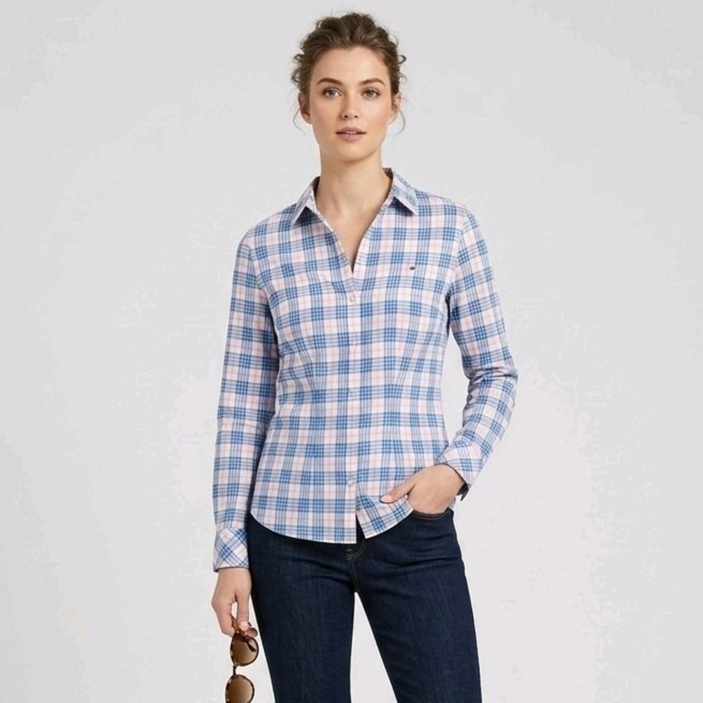 Tommy Hilfiger Women's XS Plaid Button Down Shirt Blue Pink Long Sleeve Classic